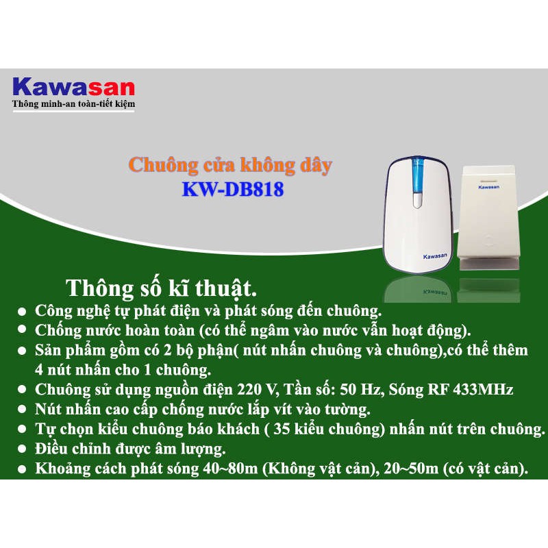 (Kawasan) CHUÔNG CỬA KHÔNG DÂY KW-DB818 CHỐNG NƯỚC KHÔNG CẦN PIN