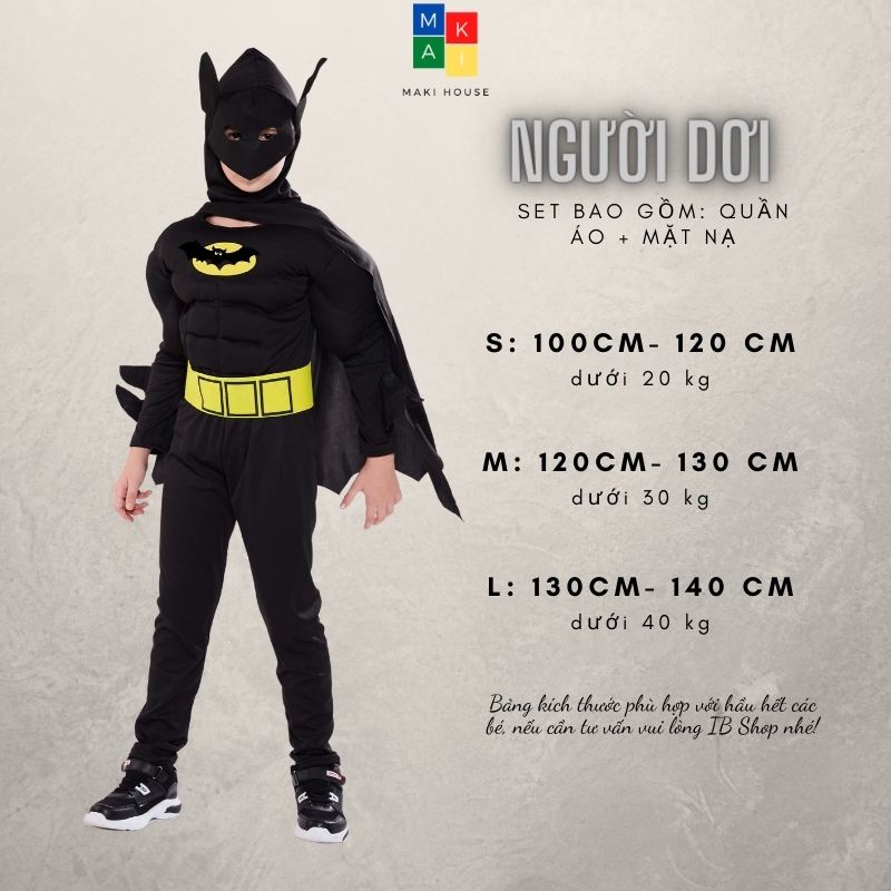 Quần áo người nhện hoá trang trẻ em siêu nhân halloween Maki Người Dơi