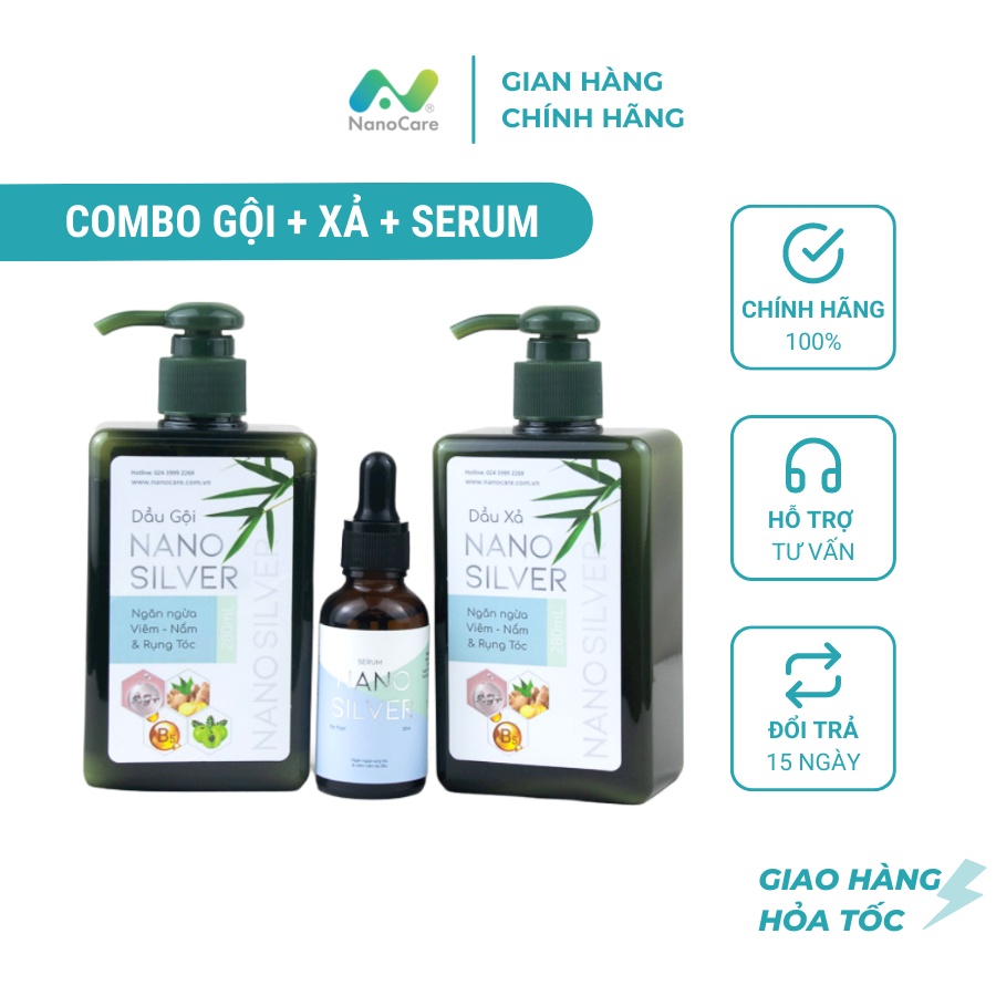 Combo gội, xả, serum tóc NanoCare - NANO SILVER, chăm sóc tóc toàn diện, ngăn ngừa nấm ngứa da đầu, kích thích mọc tóc