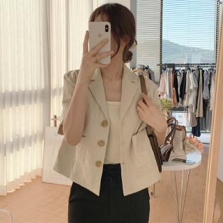 【out of stock】Áo Khoác Blazer Tay Ngắn Cổ Chữ V Màu Trơn Phong Cách Thời Trang 35857