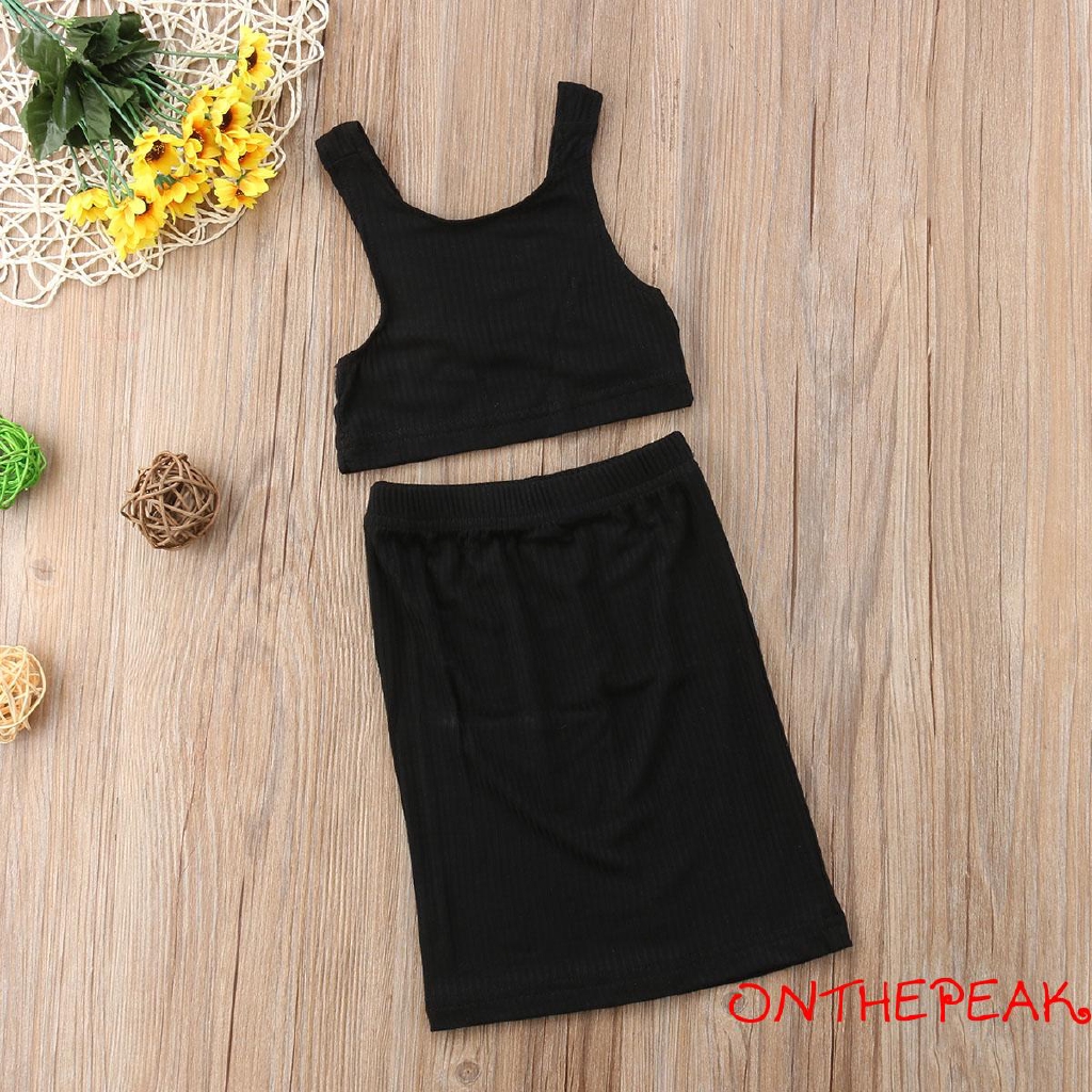 Bộ Váy Gồm Áo Crop Top Màu Trơn + Váy Mùa Hè Dành Cho Bé Gái