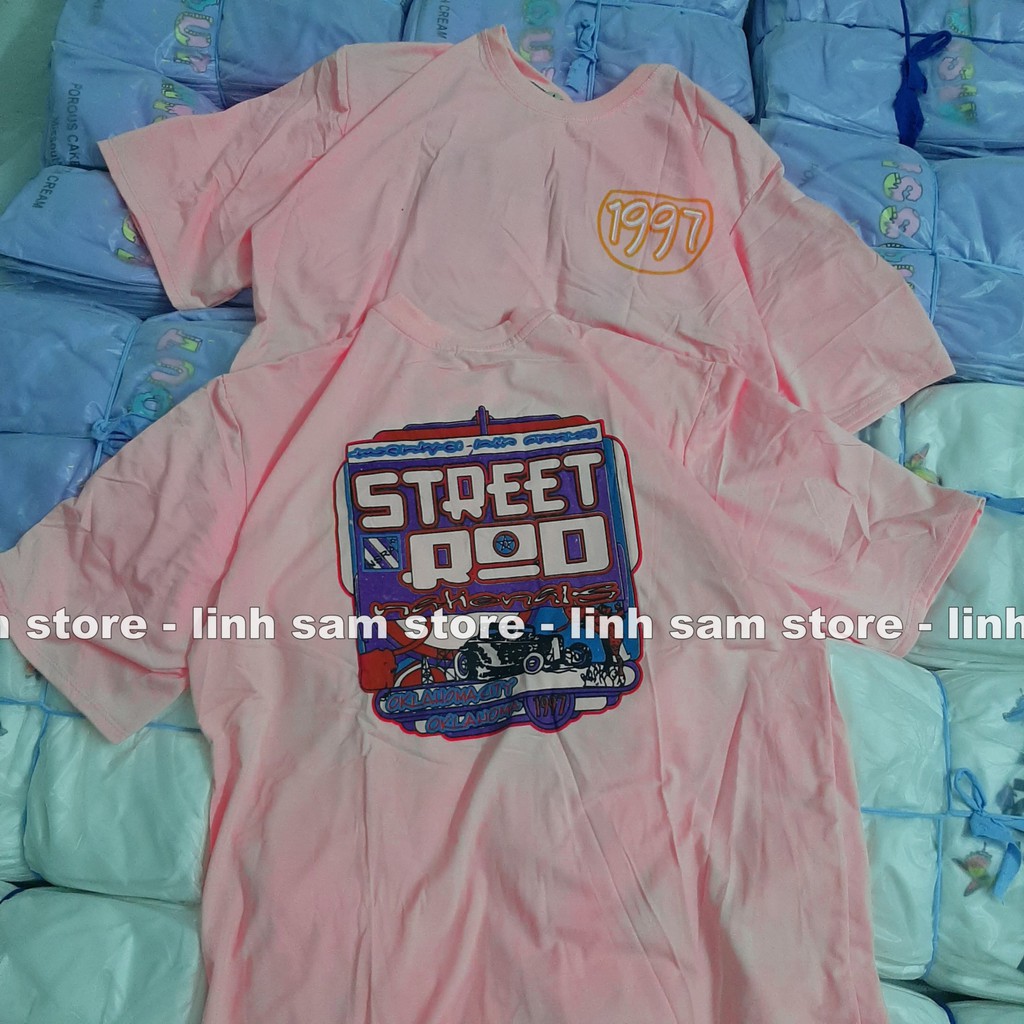 Áo thun nữ tay lỡ freesize phông form rộng dáng Unisex, mặc lớp, nhóm, cặp in hình XE chữ STREET ROD 1997