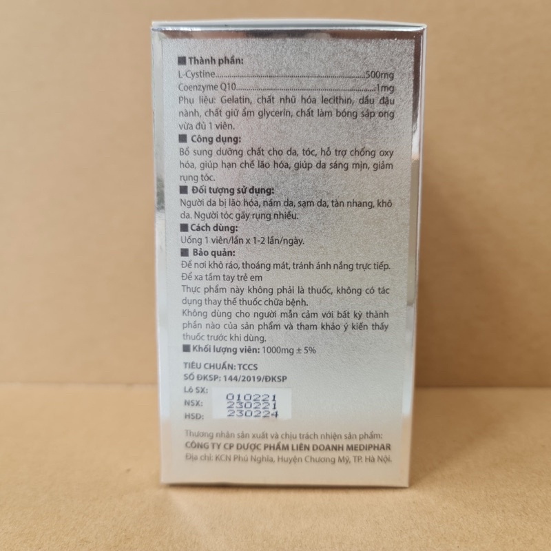 L-Cystine with Coenzym Q10 giúp đẹp da, khỏe tóc, giảm rụng tóc, giảm nám sạm da - 60 viên