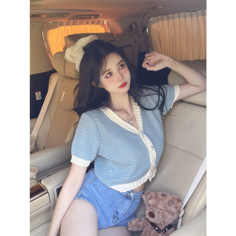 Áo Dệt Kim Ngắn Cổ Chữ V Thời Trang Hàn Quốc Cho Nữ