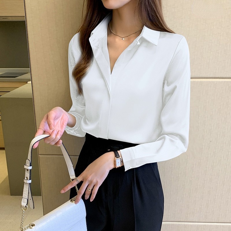Áo sơ mi công sở nữ đẹp kiểu Hàn Quốc form rộng tay dài chất lụa cao cấp màu Trắng Be Đen Xanh HSU