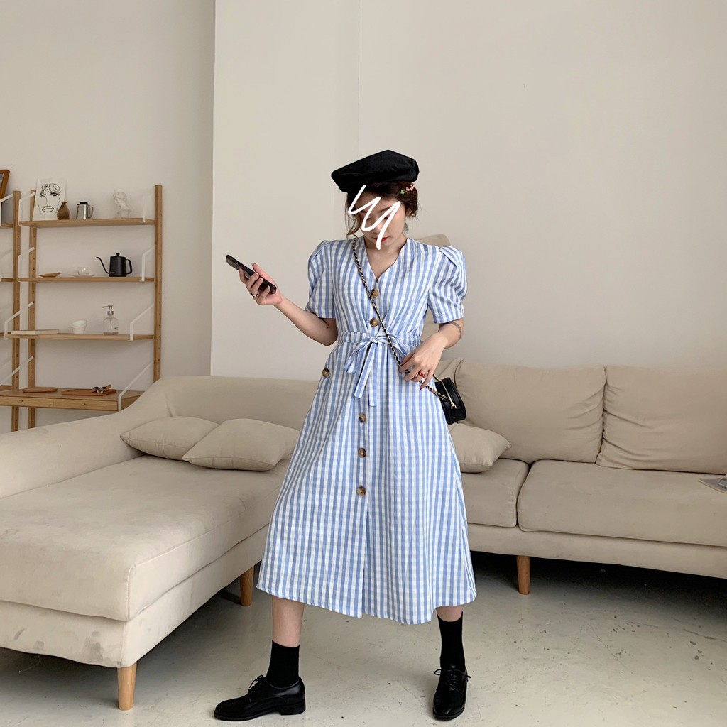 Đầm maxi caro tay phồng rút dây eo D109