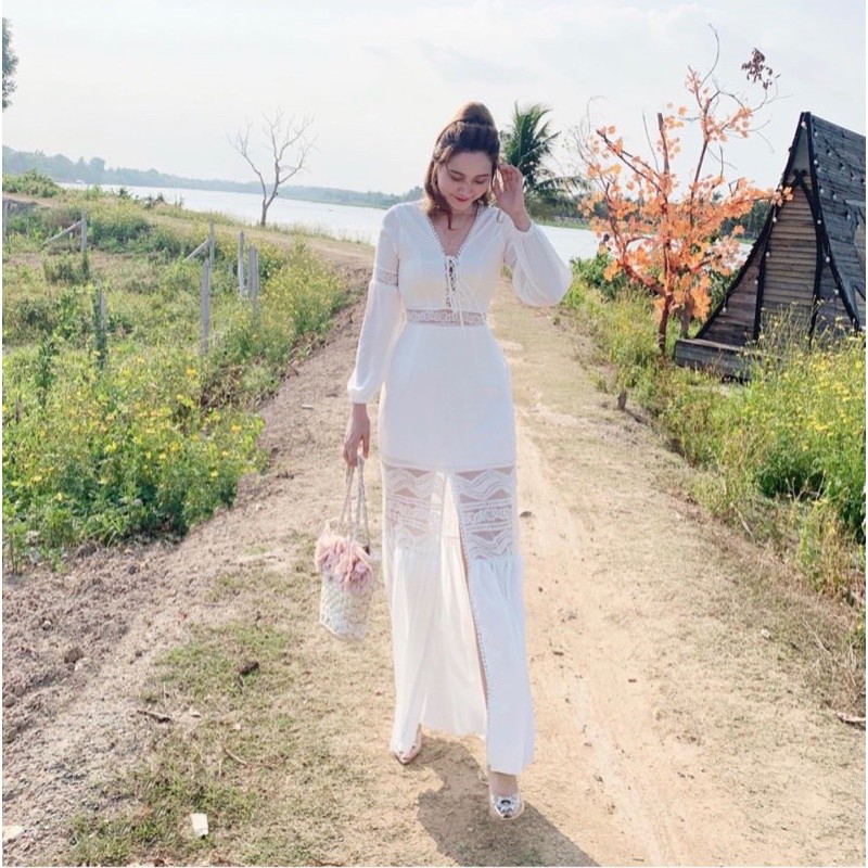 Đầm maxi trắng❤️Hình thật❤️Đầm maxi trắng cổ V | BigBuy360 - bigbuy360.vn