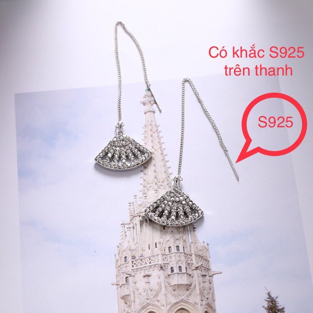 Bông tai S925 dáng dài hình cây quạt kèm hạt châu đi cùng tôn lên sự sang trọng