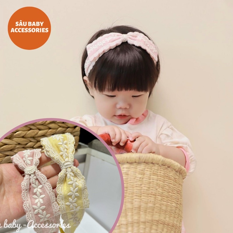 Băng đô turban vải đũi thêu hoa Hàn Quốc cao cấp cho bé