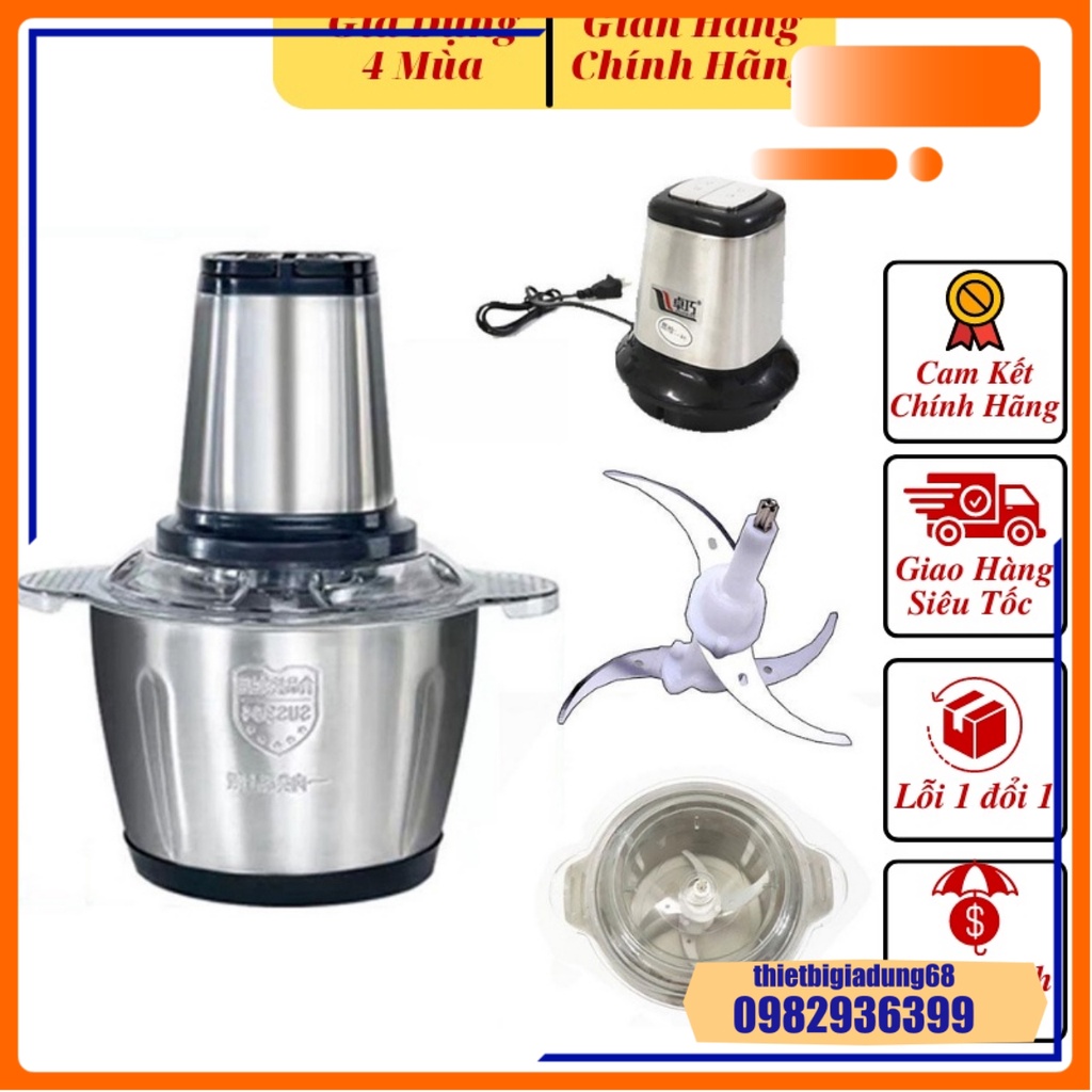 Máy Xay Thịt Đa Năng Cối Xay Inox 304 Dung Tích 2 Lít, 4 Lưỡi Xay Sắc Bén Công Suất Lớn 250W, - Xay Sinh Tố Thịt Cá Rau