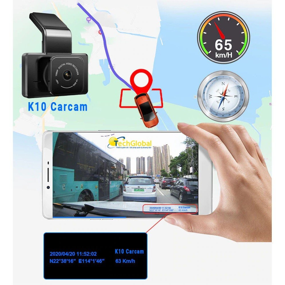 Camera hành trình ô tô K10 Xetabon kết nối điện thoại, định vị GPS, hiện thị tốc độ Camera kép Full HD bảo hành 12 tháng