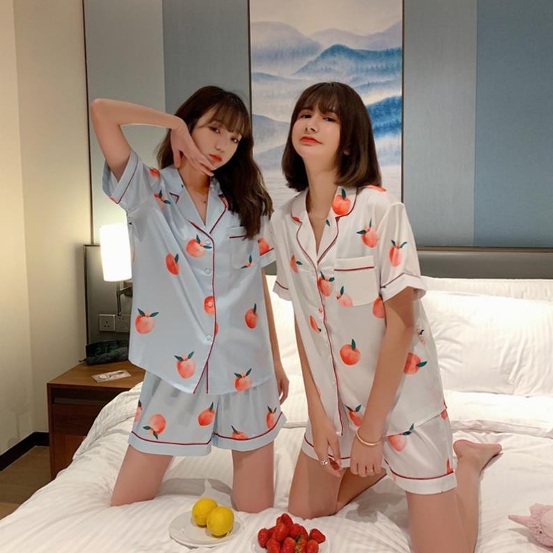 Pijama Mặc Nhà Bộ đồ ngủ  lụa satin cao cấp chất mát hoạ tiết trái cây 4 màu mùa hè 2021