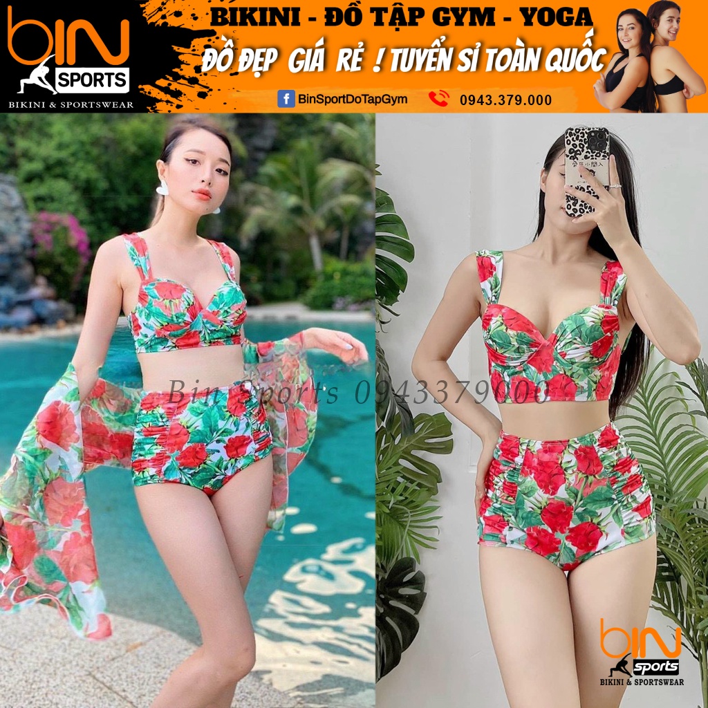 Bikini Nữ Hai Mảnh ComBo 3 Món, Đồ Bơi Đi Biển Hai Mảnh Kèm Khăn Voan Họa Tiết Sang Đẹp Binsports BHV165 Hoa Hồng
