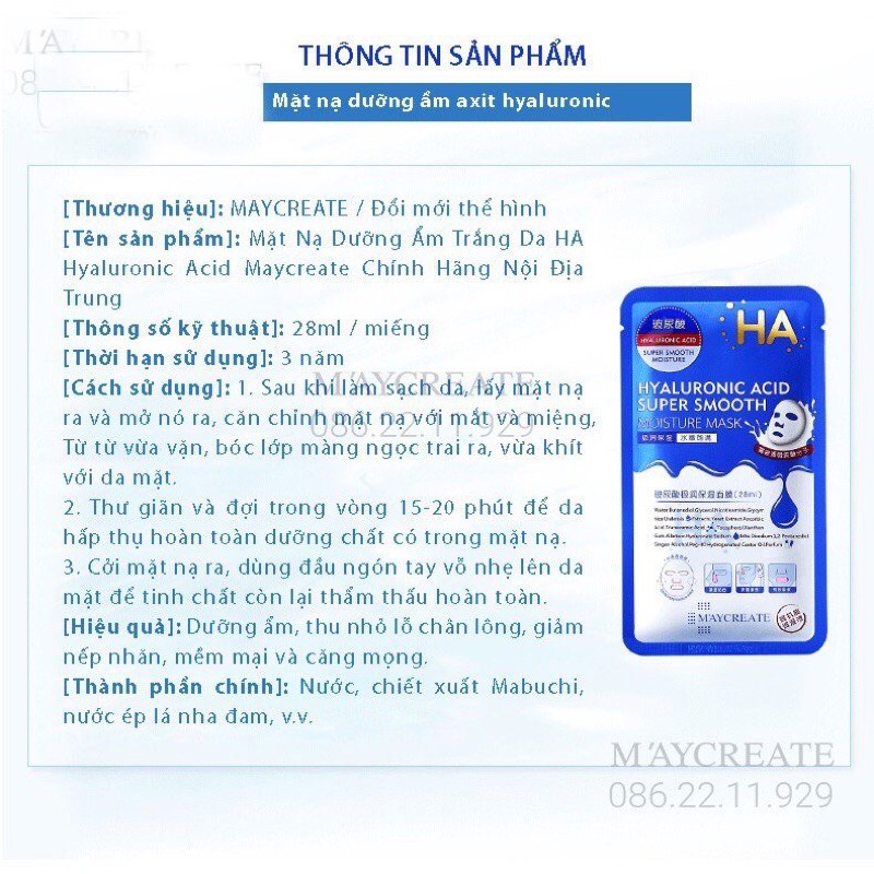 Mặt Nạ Dưỡng Da Mặt Nạ Dưỡng Ẩm Trắng Da Ha Hyaluronic Acid Maycreate Pl4 | Thế Giới Skin Care