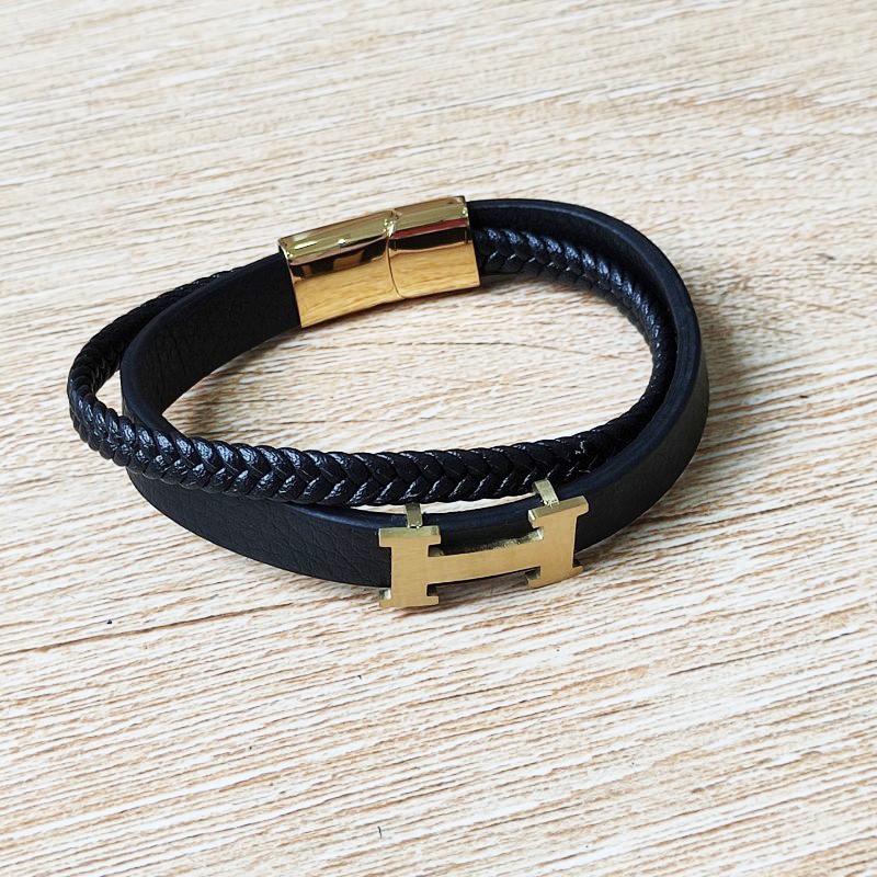 Vòng Tay Nam Dây Da Chữ H Thép Titan Ko Han Rỉ TT 3729