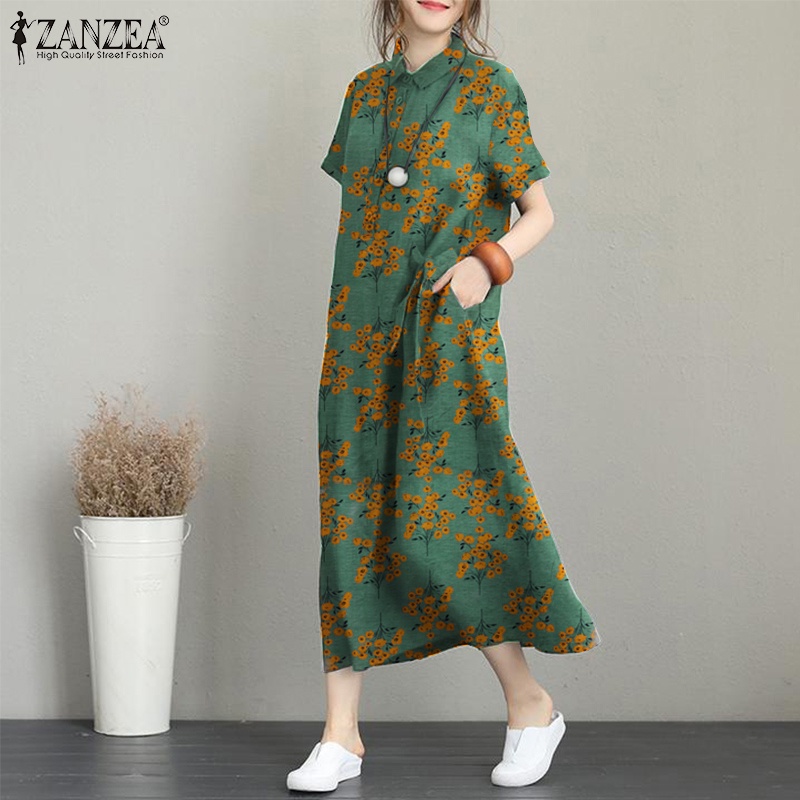 Đầm maxi Zanzea tay ngắn có túi thiết kế cổ điển sành điệu cho nữ