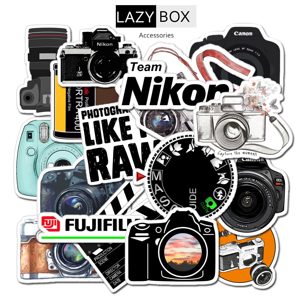 Bộ sticker chủ đề máy ảnh camera photograper mũ bảo hiểm, laptop, ván trượt, vali