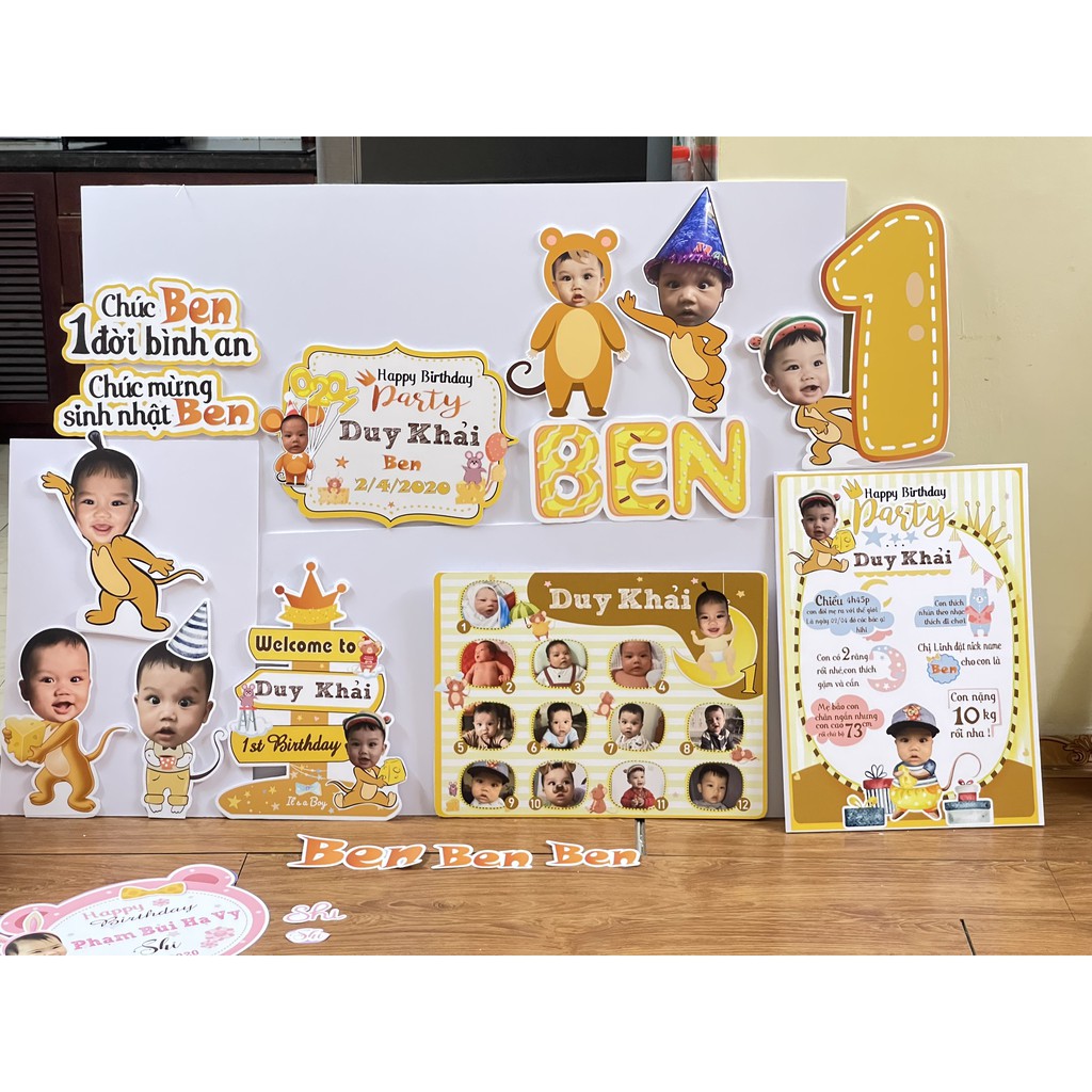 Combo hình chibi, bảng tên, welcome sinh nhật, trang trí bàn tiệc thiết kế riêng cho mỗi bé