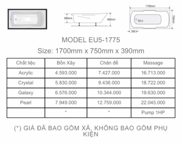 BỒN TẮM DÀI 2 YẾM EUROCA  - MODEL EU5 - 1775 - BẢO HÀNH 3 NĂM