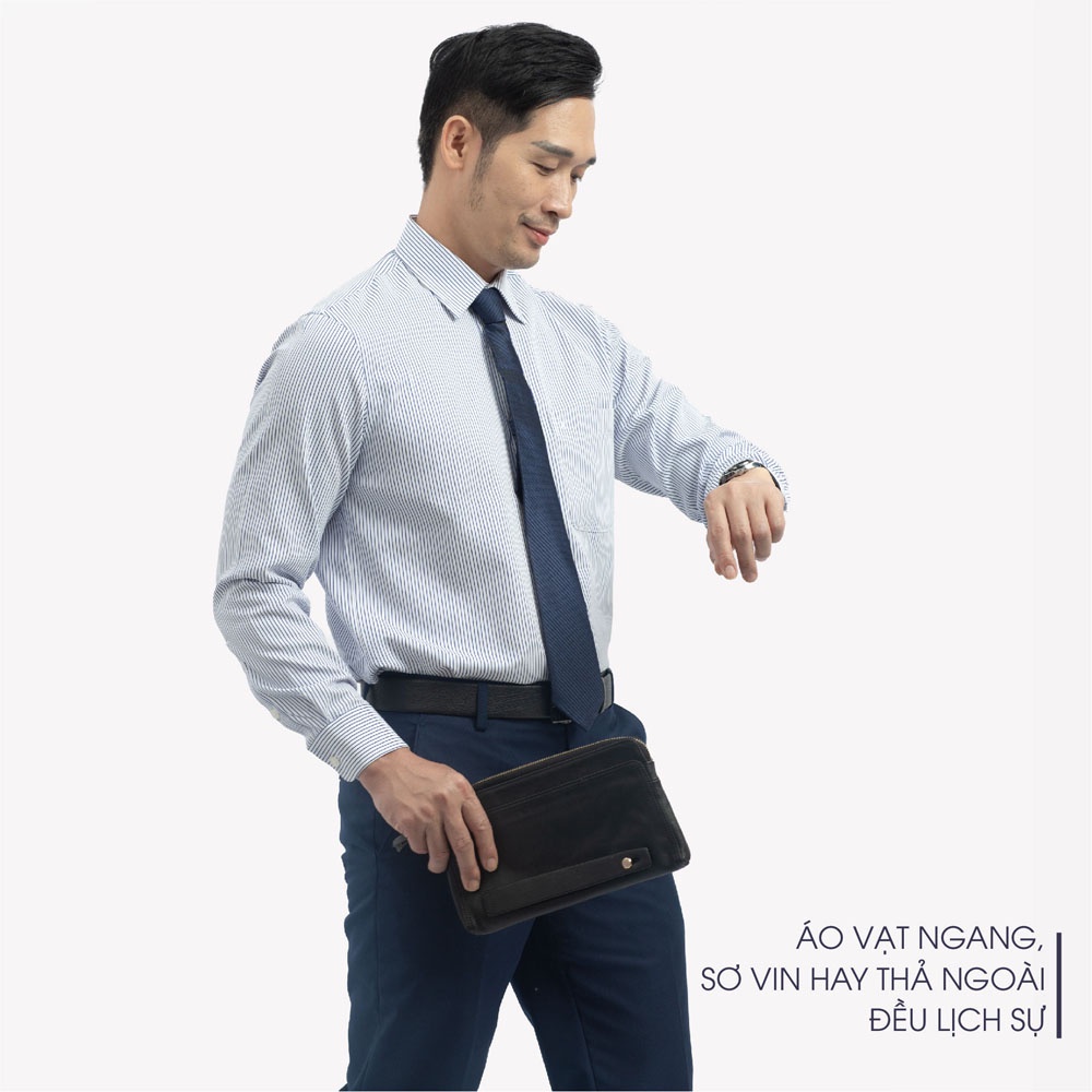 Combo Áo Sơ Mi Nam Dài Tay Sọc Xanh Và Quần Âu Tuytsi Xanh Than Trung Niên ANCHI Cao Cấp