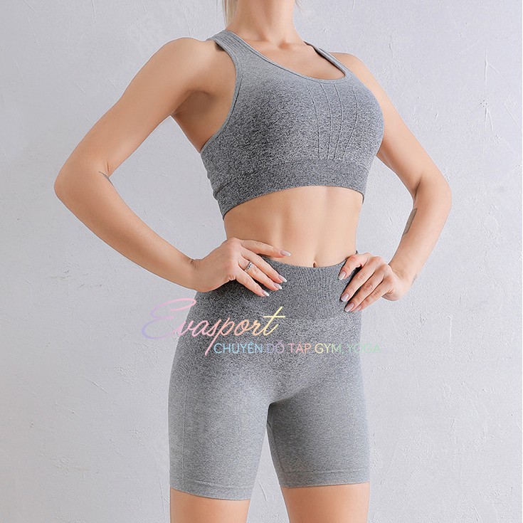 Set bộ đồ tập gym nữ ngố, tập yoga aerobic thể thao dệt kim gồm áo bra quần ngố tập gym