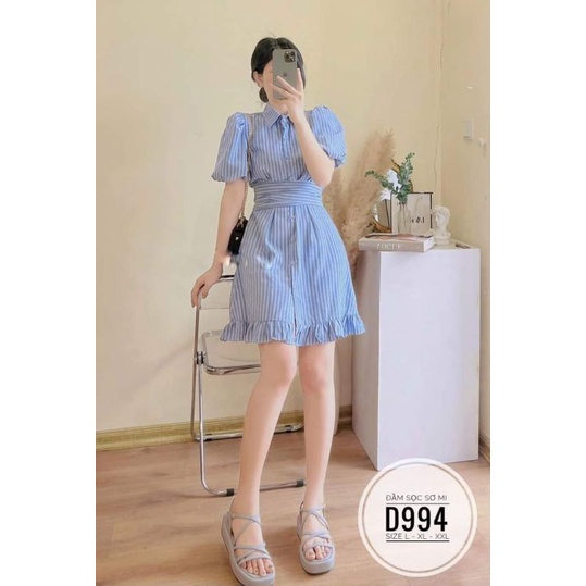 Đầm sọc cổ sơ mi