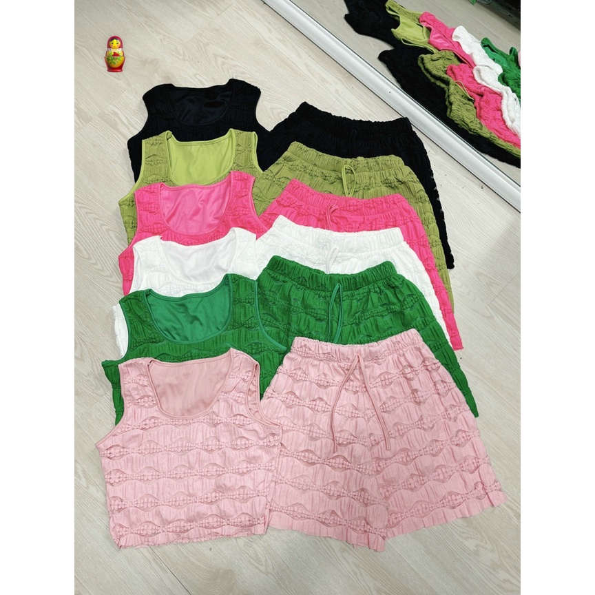 Set kiểu đi chơi nữ thun xốp nổi áo thun ba lỗ croptop quần đùi xinh