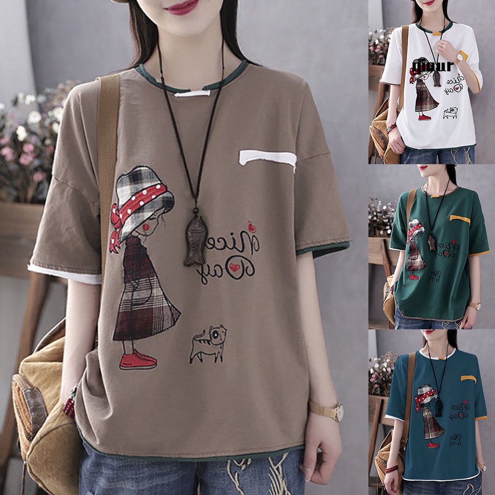 Áo Thun Cotton Tay Ngắn Cổ Tròn In Hình Mèo Hoạt Hình Dành Cho Nữ