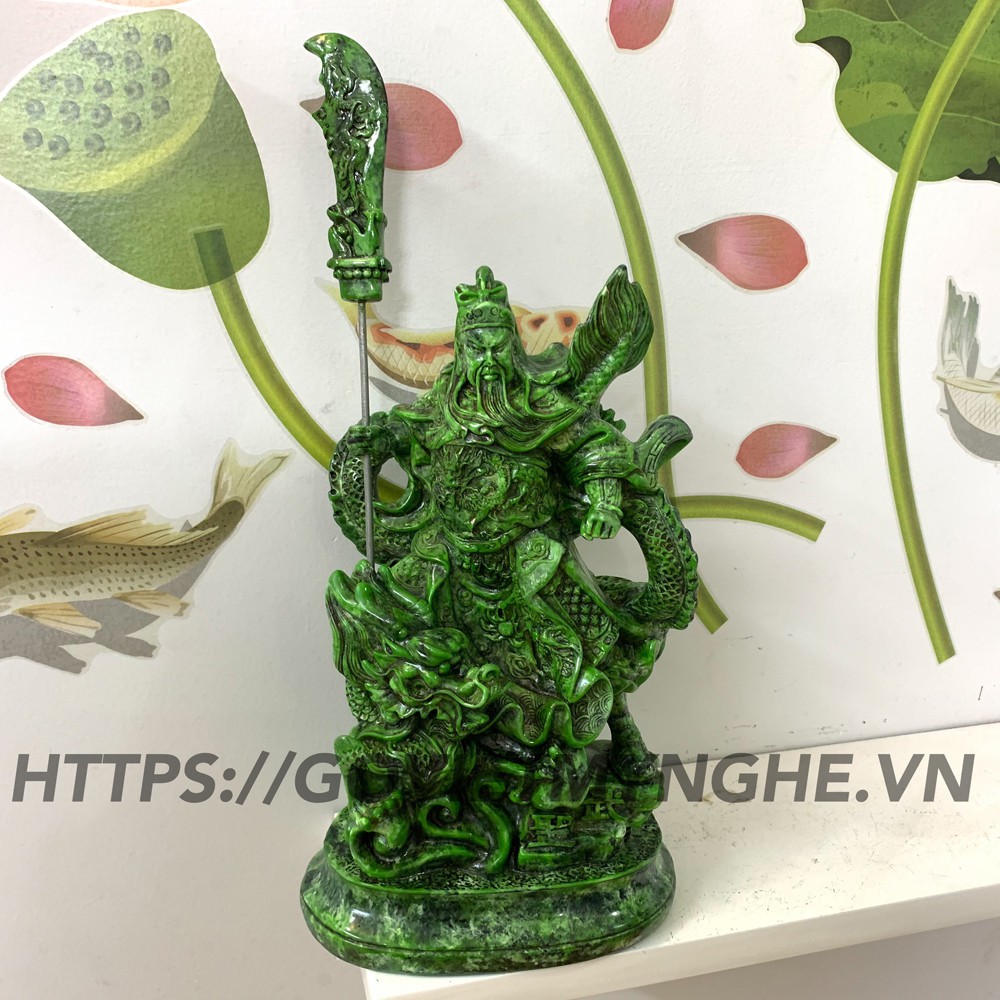 Tượng đá phong thủy Quan Công - Quan Công cầm đao cưỡi Rồng - Cao 25cm - Màu xanh
