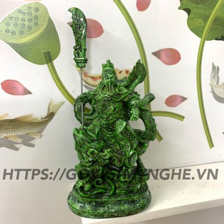 [Tượng Quan Công] Tượng đá phong thủy Quan Công cầm đao cưỡi Rồng - Cao 25cm - Màu Xanh Lục Bích