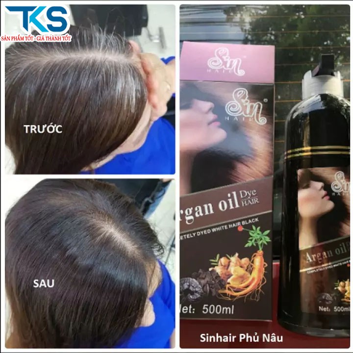 Dầu gội đầu thảo dược nhân sâm Sin Hair nhuộm tóc Đen/Nâu giúp phủ kín tóc bạc cho người già