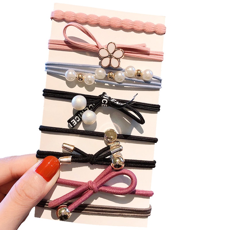Set 5 / 8 Dây Buộc Tóc Co Giãn Đính Ngọc Trai / Hoa Dễ Thương Cho Nữ