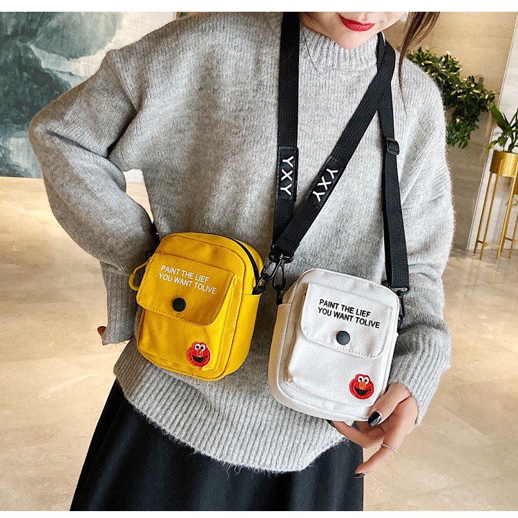 Túi đeo chéo vai bằng vải canvas thêu họa tiết hoạt hình Sesame Street phong cách Hàn Quốc thời trang cho nữ