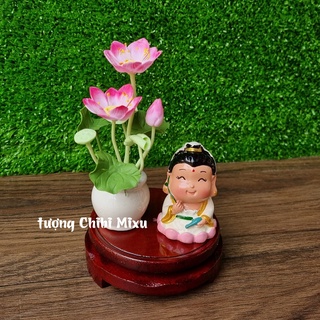 Tượng Quan Âm 6cm kèm chân đế 8cm và chậu hoa sen