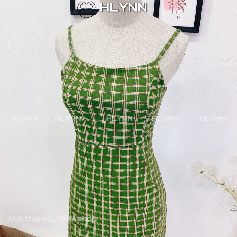 Đầm kẻ caro xanh hai dây