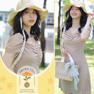 Đầm linen dây rút trễ vai