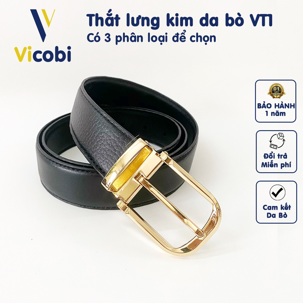 Thắt lưng nam Da Bò Vicobi VT1, Dây lưng 3,3cm mặt khóa VÀNG hợp kim, made in VietNam