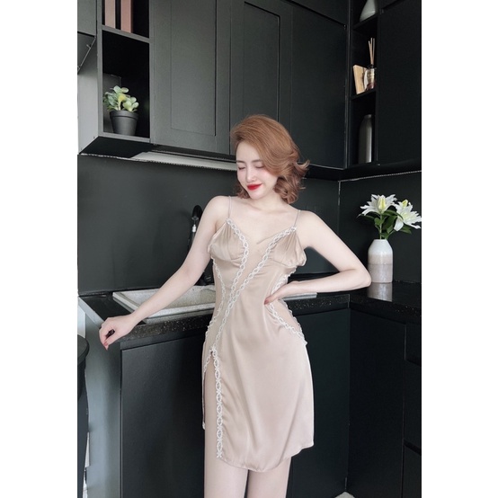 Váy Ngủ Nữ SOJUN Vải Latin Ren Có Mút Kèm Quần