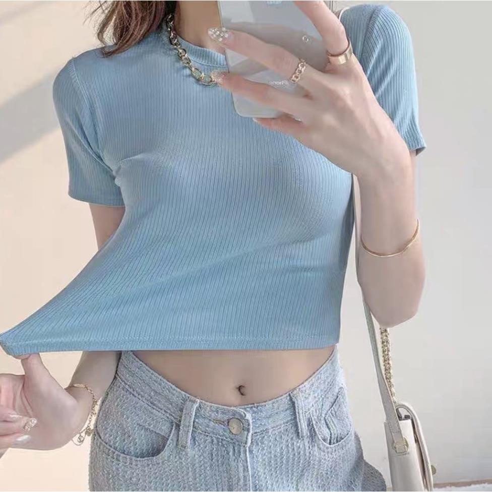 Áo crotop bozip xanh cổ tròn chất len tăm mềm mịn co dãn kiểu dáng ôm body trẻ trung năng động BASIC