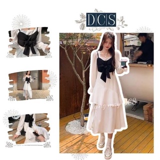 Đầm nữ trắng cổ vuông dáng dài tay bồng váy tiểu thư phong cách retro lệch tà/ váy đi tiệc đi biển xưởng may DCS