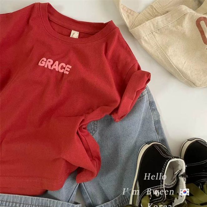 Áo Thun Tay Ngắn Màu Đỏ In Chữ Đơn Giản Phong Cách Hàn Quốc Thời Trang Mùa Hè Cho Bé Trai 08