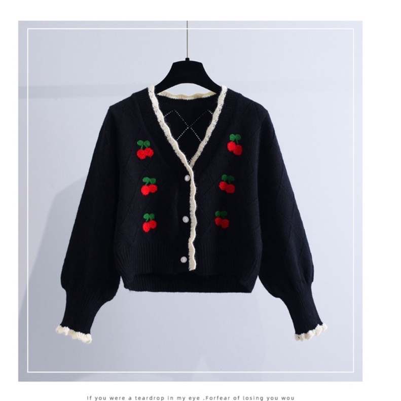 Áo khoác Cardigan dáng ngắn tay bồng cổ tim viền bèo thêu hình 🍒