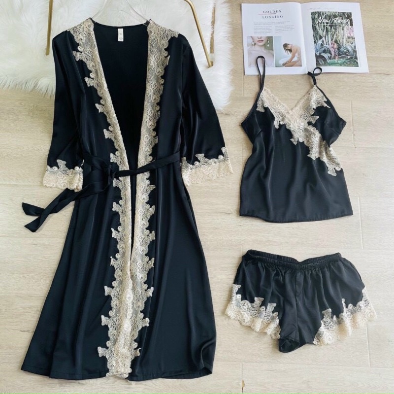 Sét 3 món bộ ngủ kèm choàng lụa sexy cao cấp bộ hai dây quần cộc  mặc  nhà siêu quyến rũ