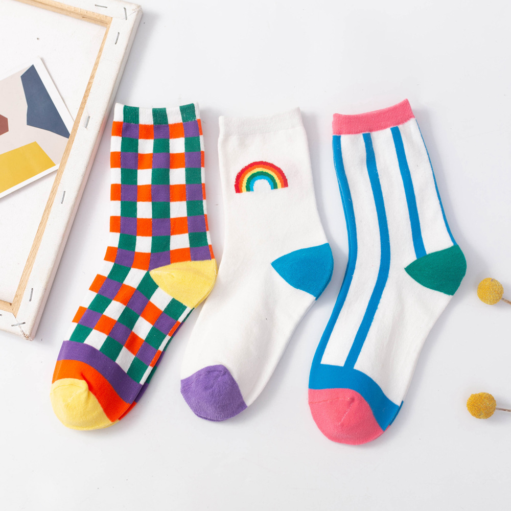 BACK2LIFE Harajuku Style Rainbow Socks Funny Hosiery Women Cotton Socks New Streetwear Rainbow Grid Long Girls Stripe Kawaii Socks white/blue/multicolor