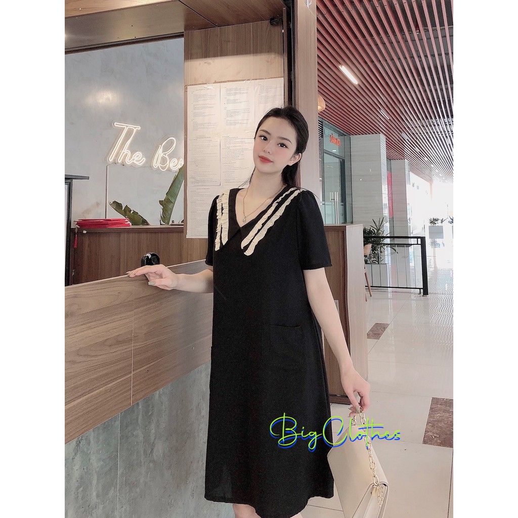 Váy đầm bigsize BigClothes thiết kế cổ sọc đen dáng xòe babydoll thời thượng sang chảnh BC012 | BigBuy360 - bigbuy360.vn