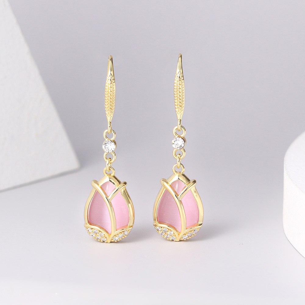 ZHOUYANG Bông tai thả cổ điển cho phụ nữ Phong cách Hàn Quốc Màu hồng hồng Opal Xỏ khuyên Bông tai Đám cưới Món quà Giáng sinh Bán buôn đồ trang sức E047