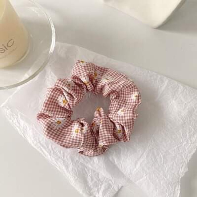 Chun cột tóc vải scrunchie kẻ caro hoa cúc