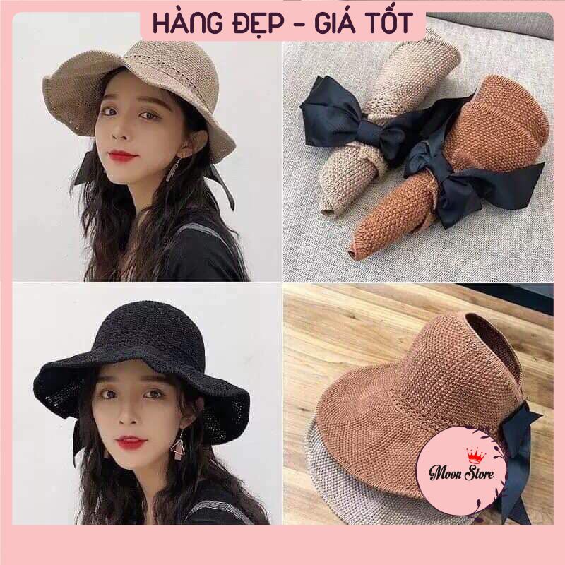 Mũ, nón cói nửa đầu đi biển vành rộng chống nắng thắt nơ Hàn Quốc có thể cuộn lại