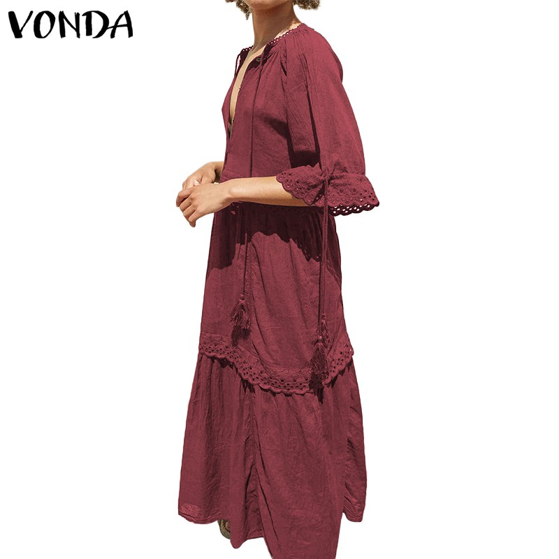 Đầm Cotton Linen VONDA Dáng Rộng Tay Lửng Phối Nút Thời Trang Cho Nữ