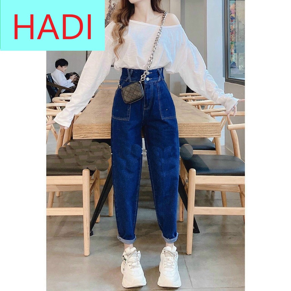 [ THƯỚT THA ] QUẦN BAGGY JEAN NỮ LƯNG CAO 2 TÚI ĐĨA CHÉO MÀU XANH ĐẬM CỰC PHONG CÁCH HADI THẤY LÀ GHIỀN MÀ CÒN ĐỦ SIZE